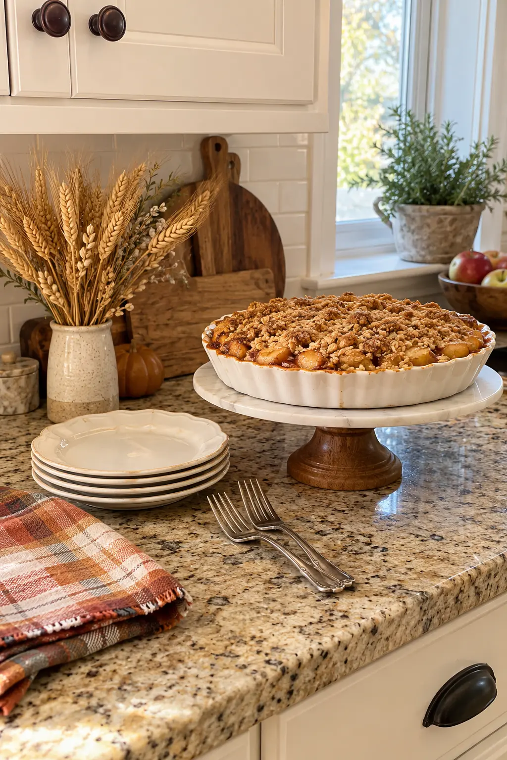 Thanksgiving kitchen side counter with apple crumble, dessert plates, forks, plaid linen, and wheat