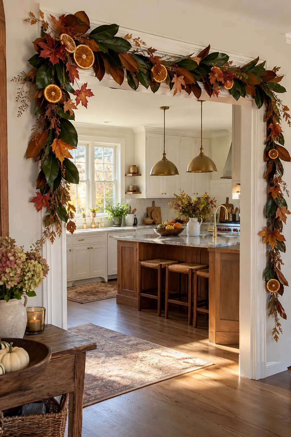 Wide kitchen doorway framed with dried orange slices, magnolia leaves, and muted autumn foliage