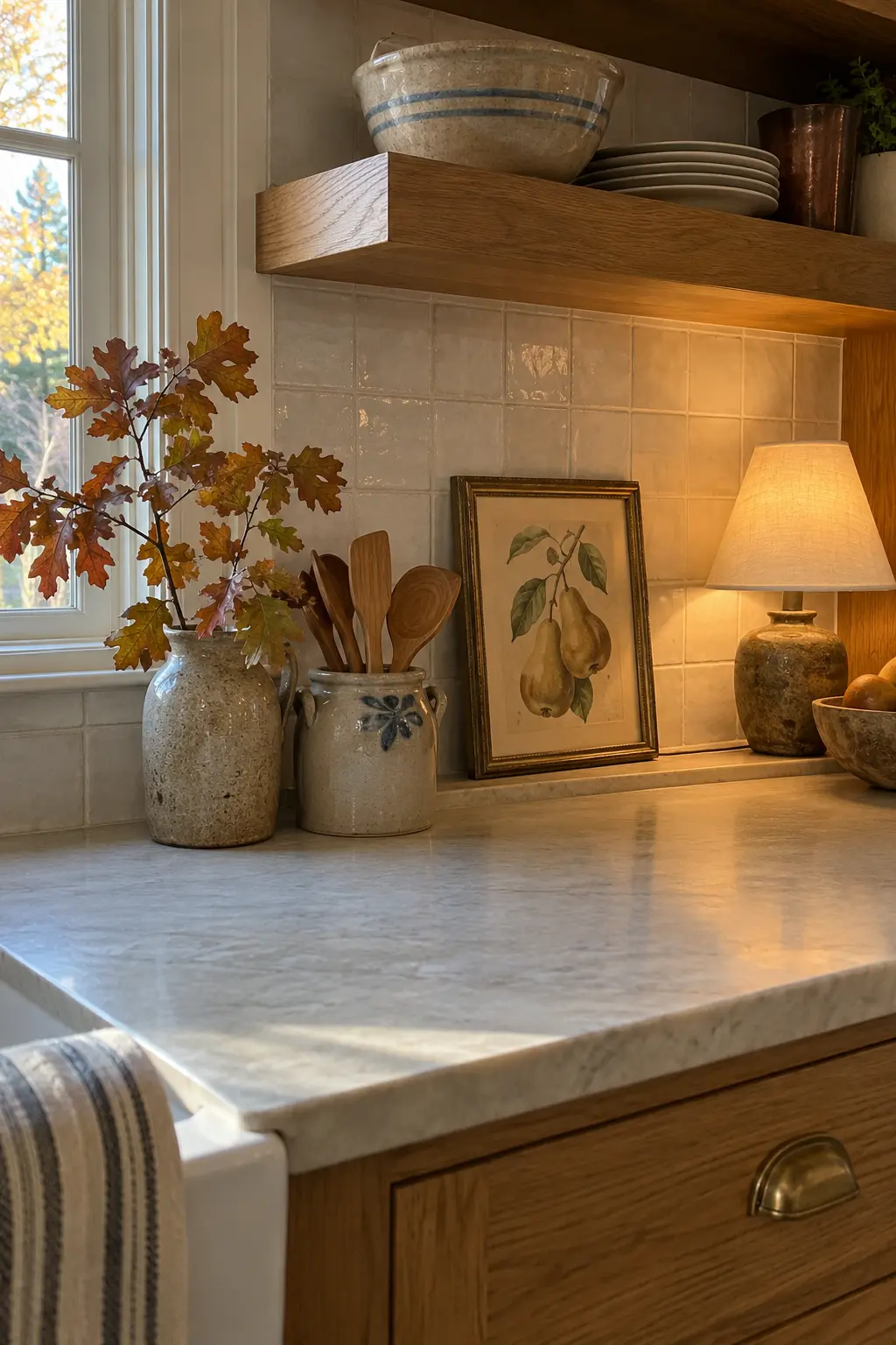 Kitchen counter vignette with pear botanical art, a small lamp, stoneware crocks, and russet leaves