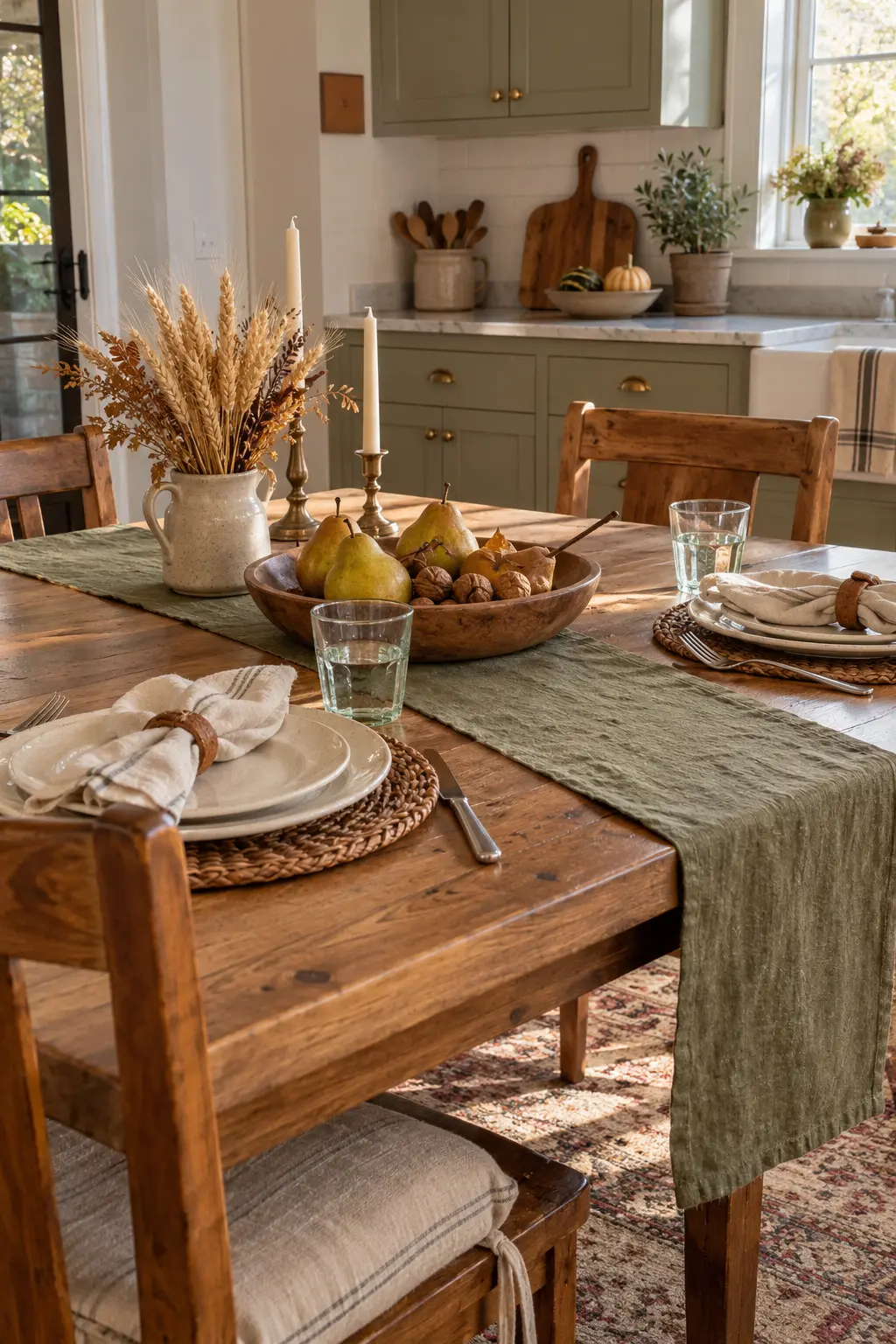 Thanksgiving kitchen table with a sage runner, pear-and-walnut bowl, wheat, and two place settings