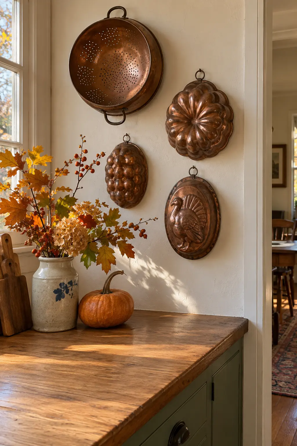 Kitchen wall display of vintage copper molds above an oak counter with autumn branches
