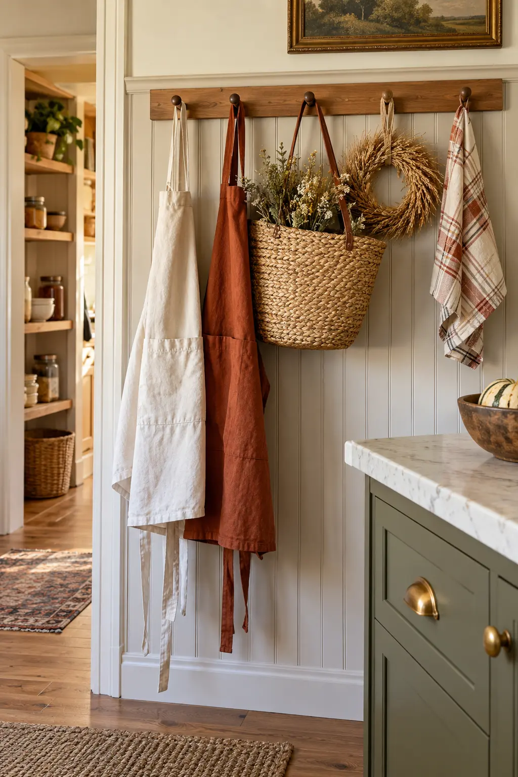 Kitchen peg rail holding cream and rust aprons, a woven basket, plaid towel, and wheat wreath