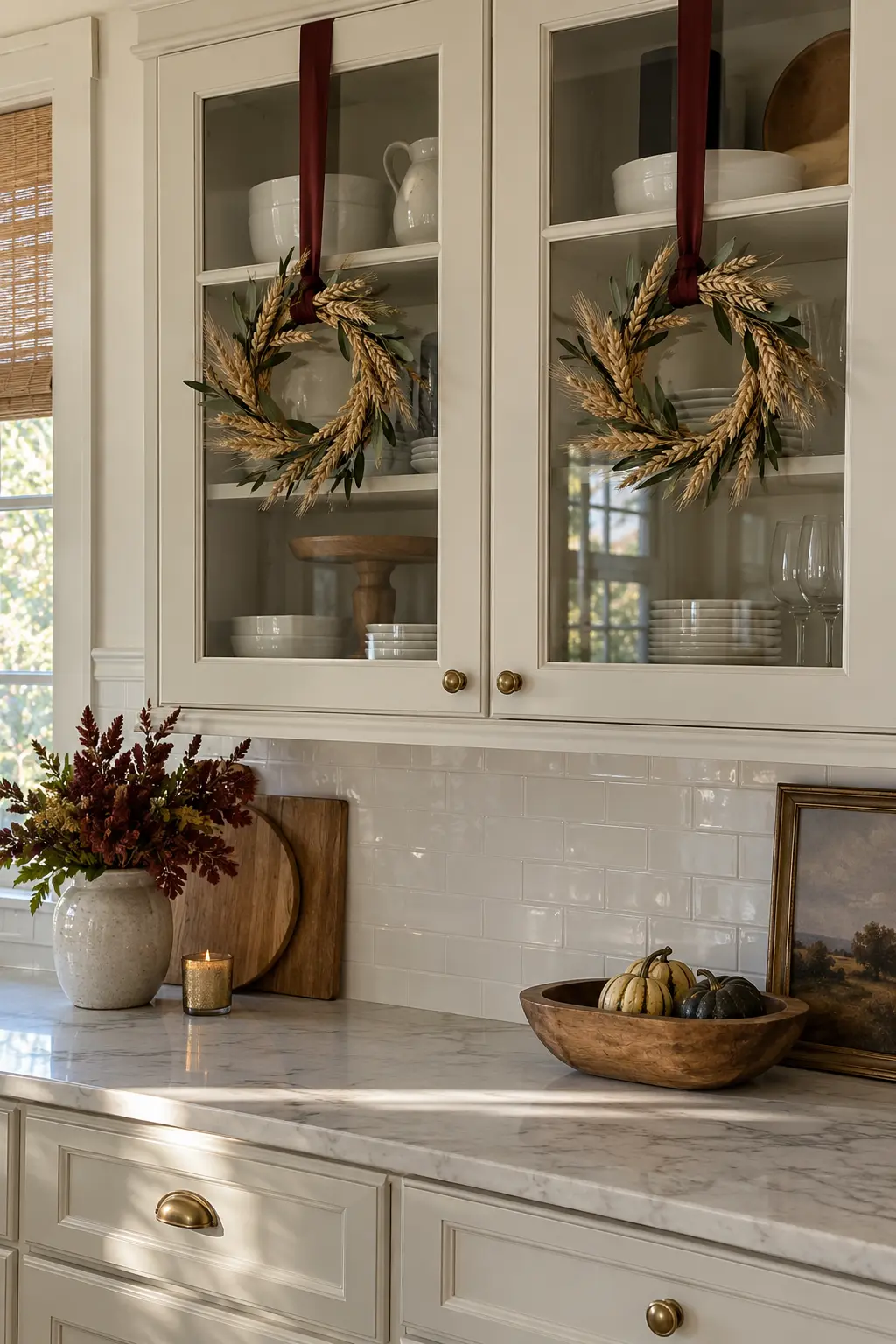 Glass-front kitchen cabinets with small wheat-and-olive wreaths on burgundy velvet ribbon