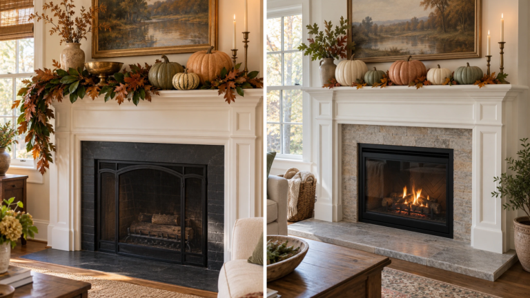 Split Thanksgiving mantel hero with asymmetrical magnolia garland and heirloom pumpkin fireplace scenes