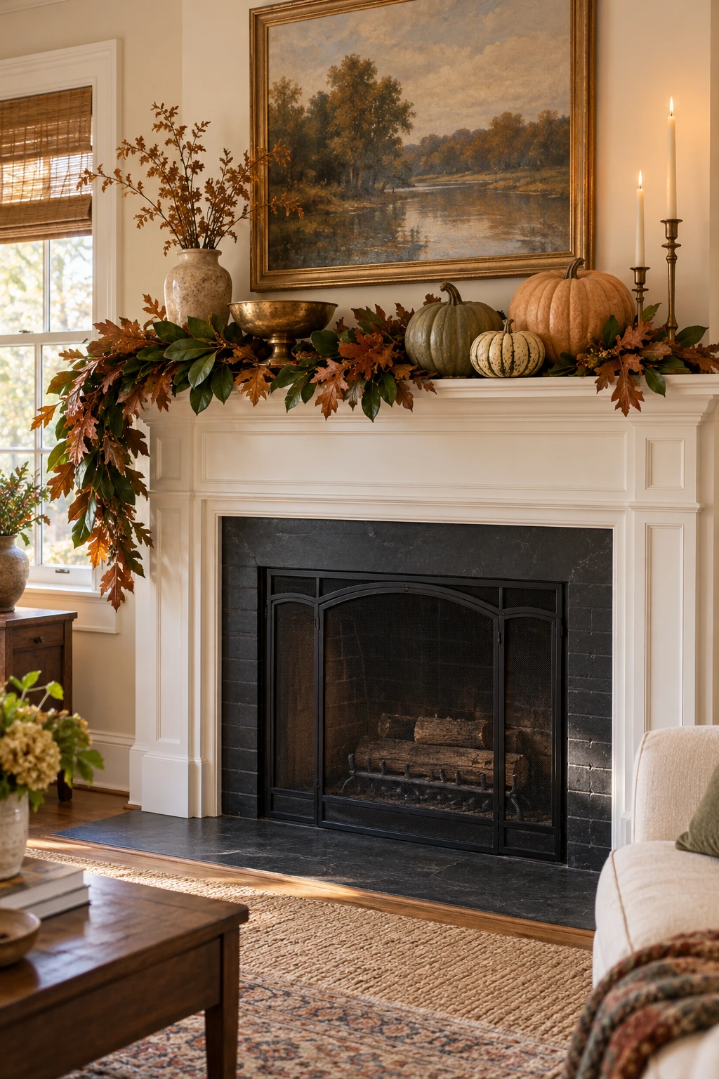 Asymmetrical Thanksgiving mantel with magnolia leaves, white pumpkins, and brass candlesticks