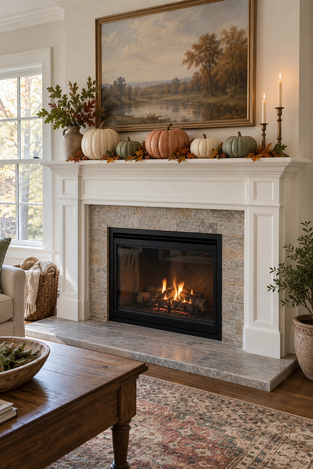 Traditional Thanksgiving fireplace mantel with varied heirloom pumpkins and autumn leaves