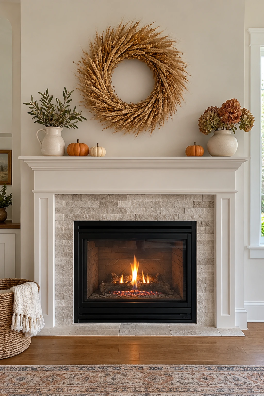 Minimal Thanksgiving mantel with a round wheat wreath, pale pottery, and small pumpkins