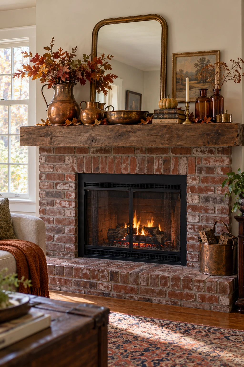 Brick fireplace mantel with copper vessels, amber glass, foliage, and small pumpkins