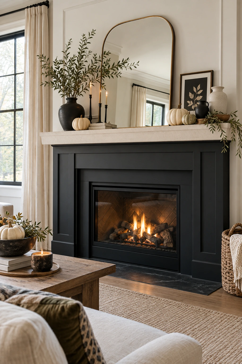 Modern Thanksgiving mantel in black and ivory with sculptural pumpkins and branches