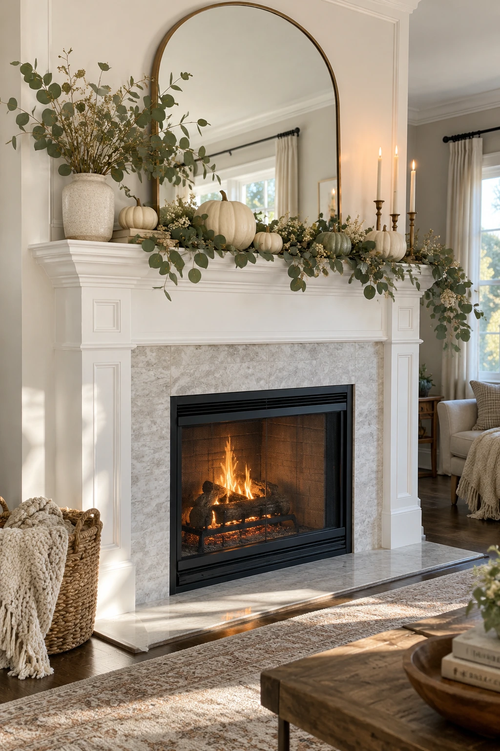 White fireplace mantel with cream pumpkins, eucalyptus garland, and warm flameless candles