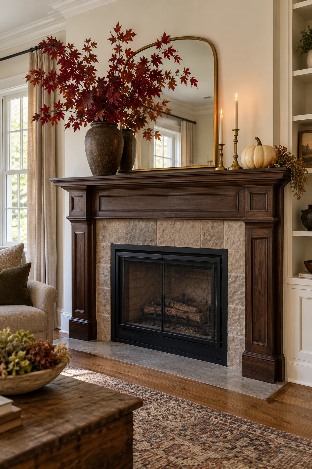 Thanksgiving mantel with tall burgundy branches, brass accents, and a warm wood mirror
