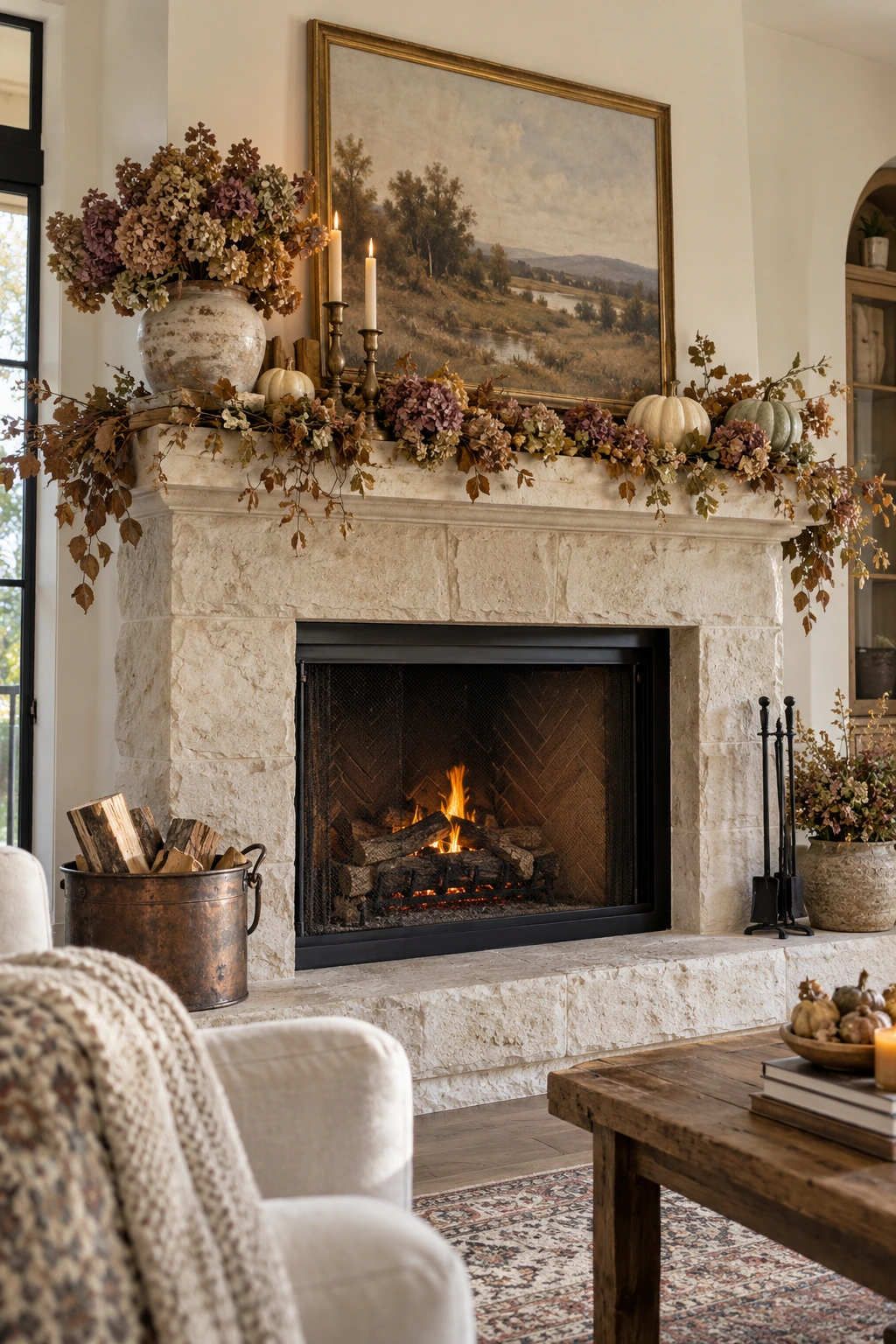 Soft Thanksgiving mantel with dried hydrangeas, muted pumpkins, and vintage pottery