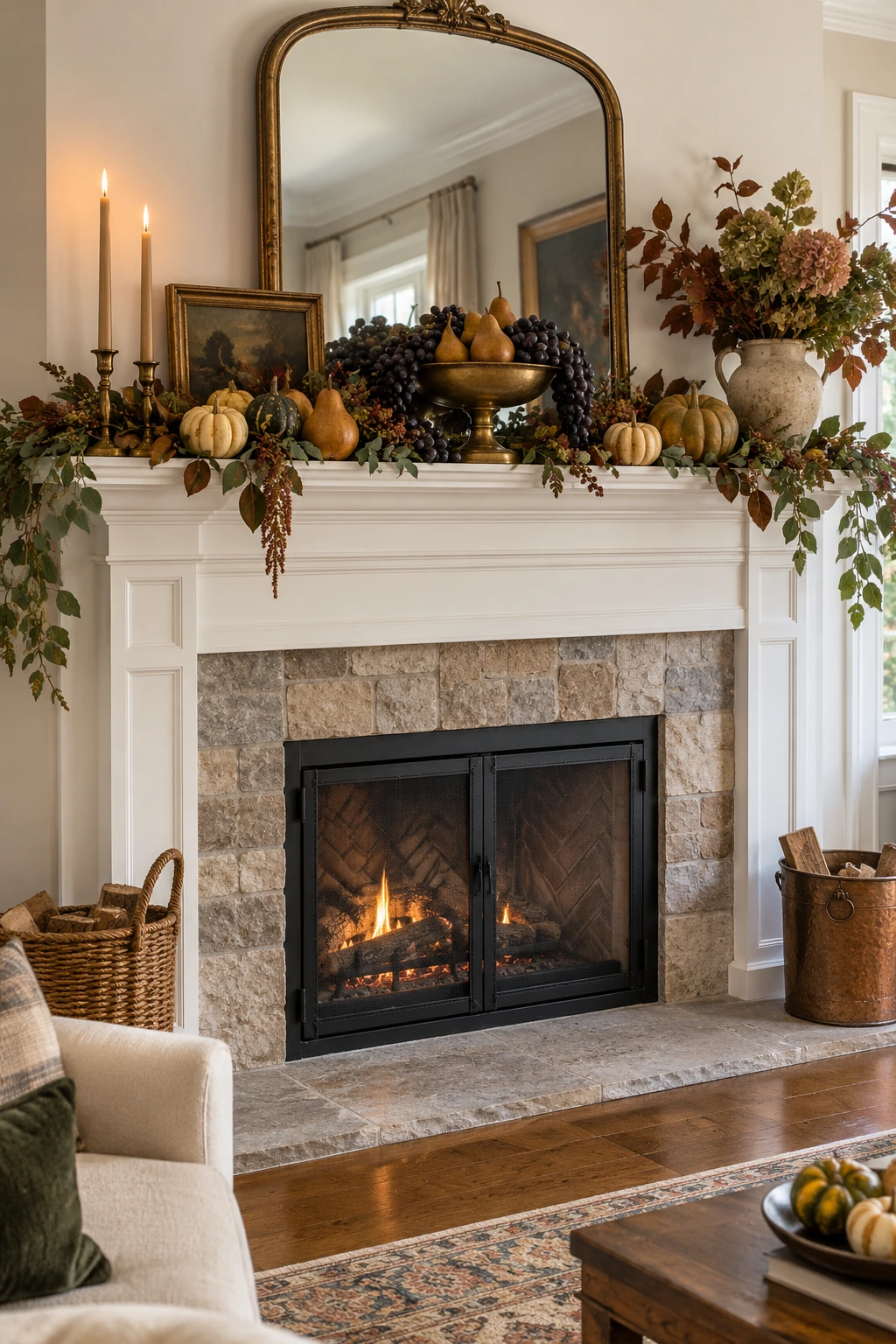 Thanksgiving mantel still life with pears, apples, grapes, foliage, and aged pottery