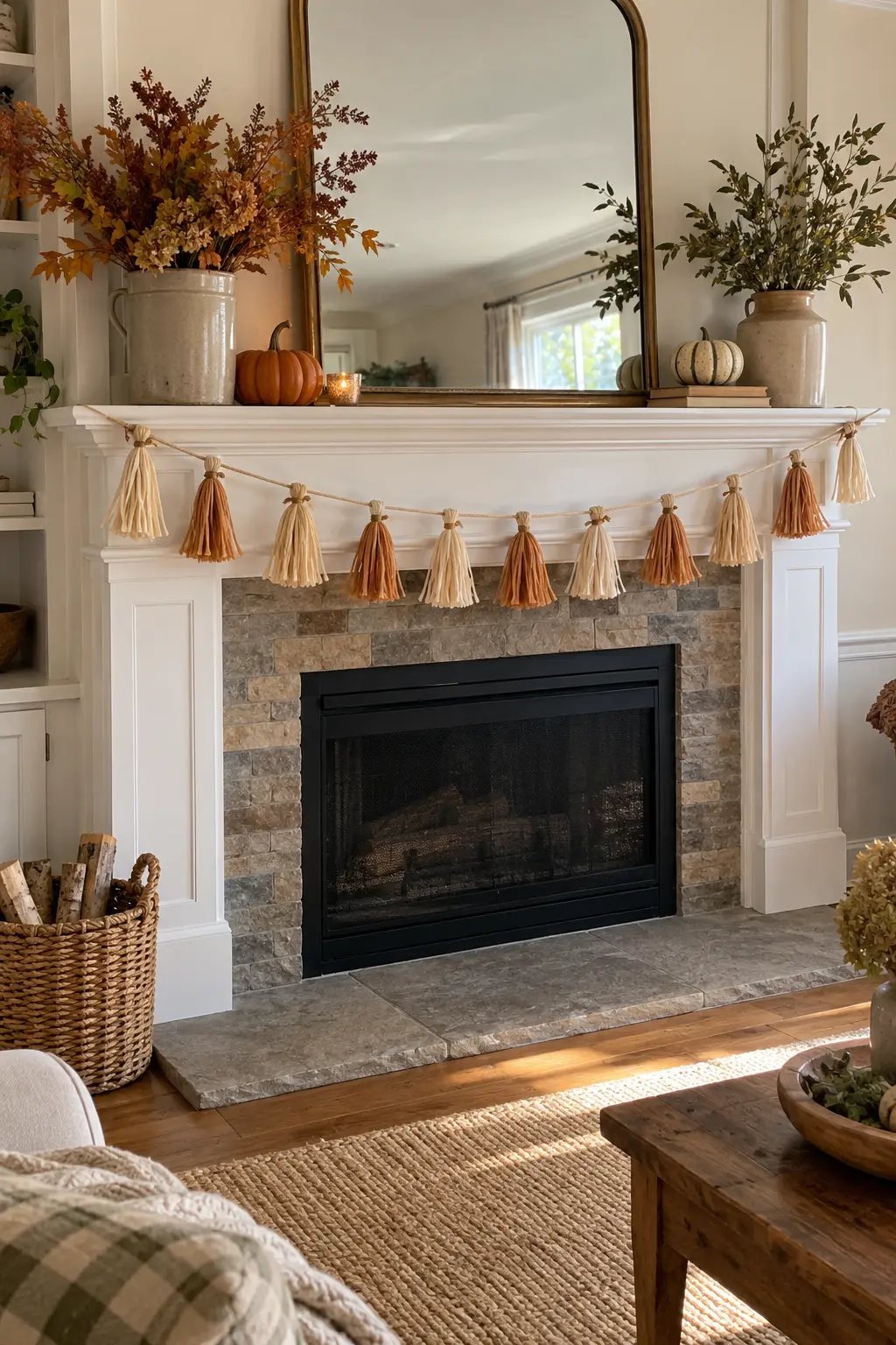 Rustic Thanksgiving mantel with a natural corn-husk garland, pumpkins, and crocks