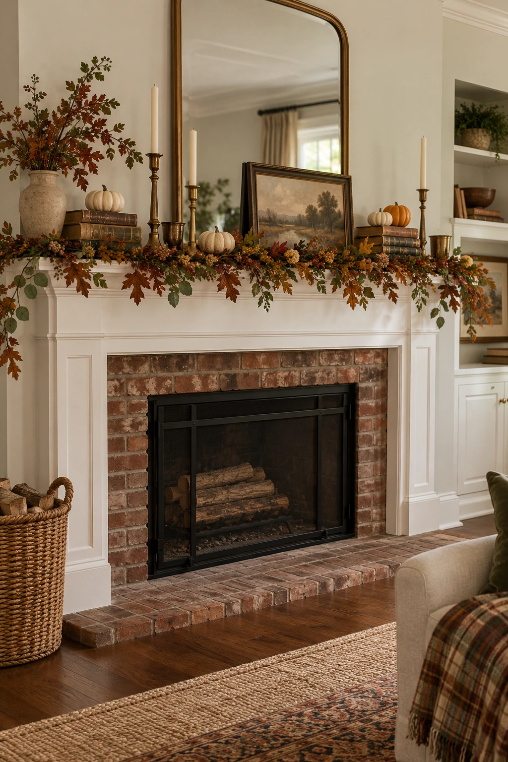 Thanksgiving mantel with vintage books, brass candlesticks, leaves, and miniature pumpkins
