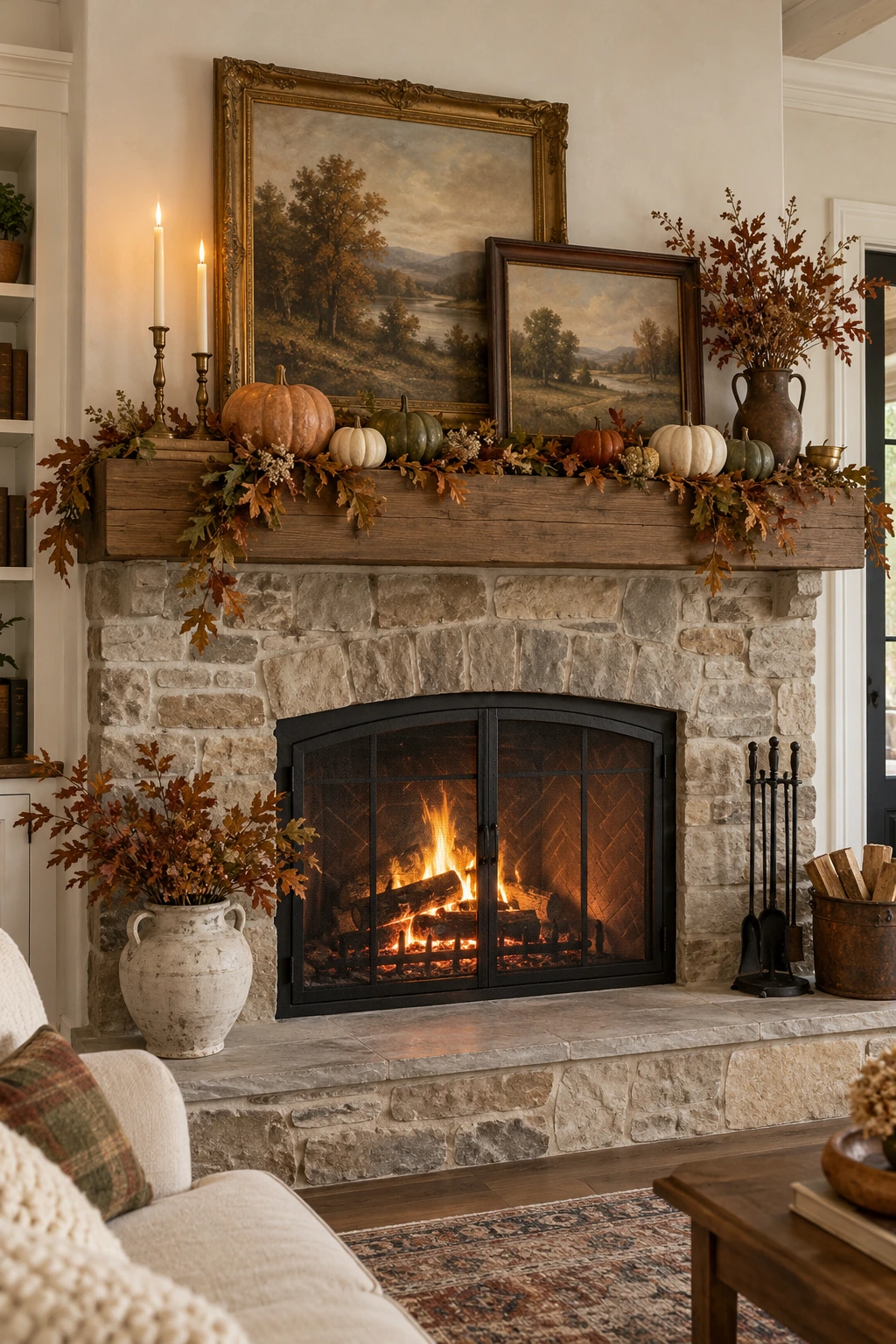 Thanksgiving mantel with layered landscape art, abstract art, branches, and pumpkins