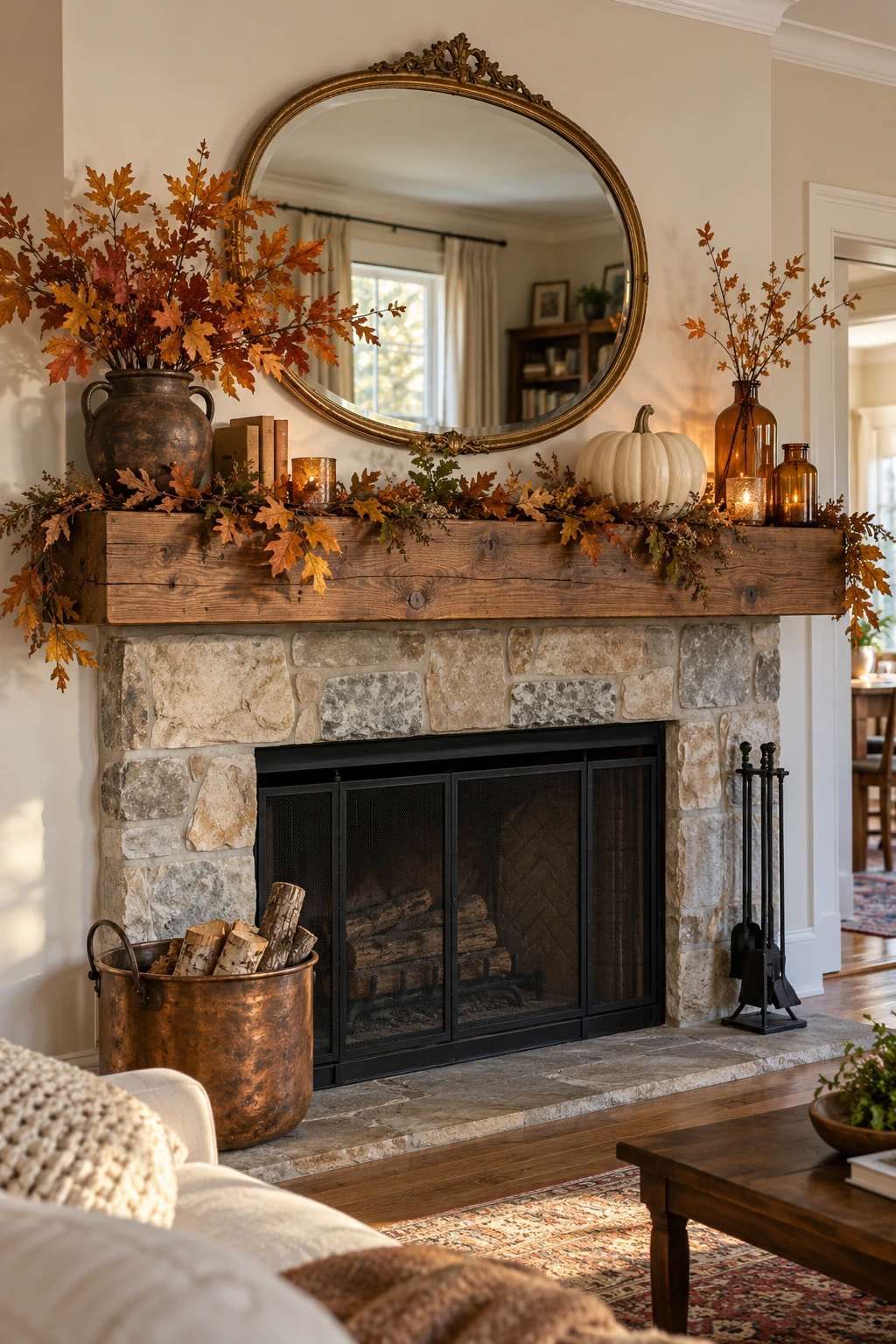 Traditional mantel with antique mirror, autumn branches, leaves, and brass vessels