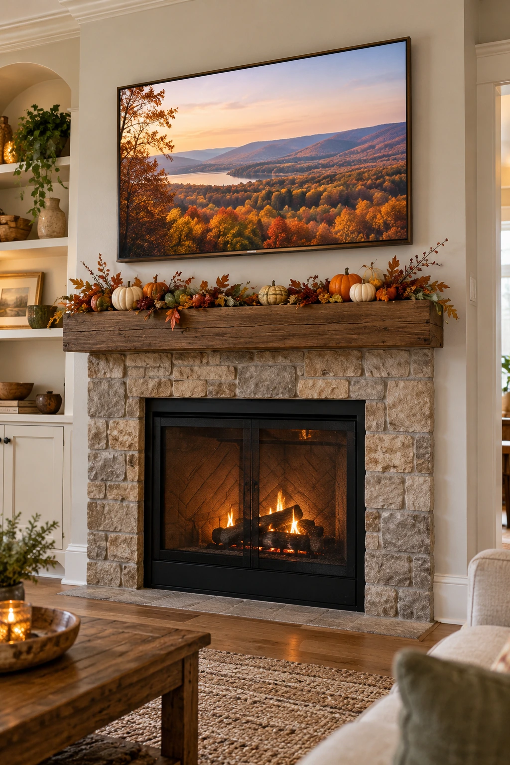 Thanksgiving mantel with television showing subtle autumn landscape art and low decor