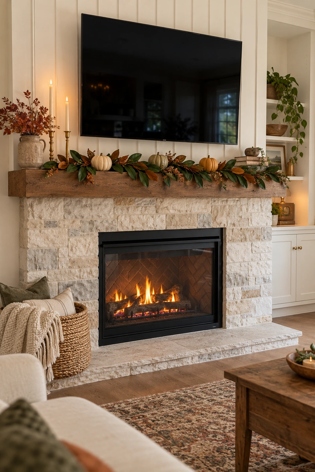 Mantel with television, low autumn garland, small pumpkins, and clear screen edges