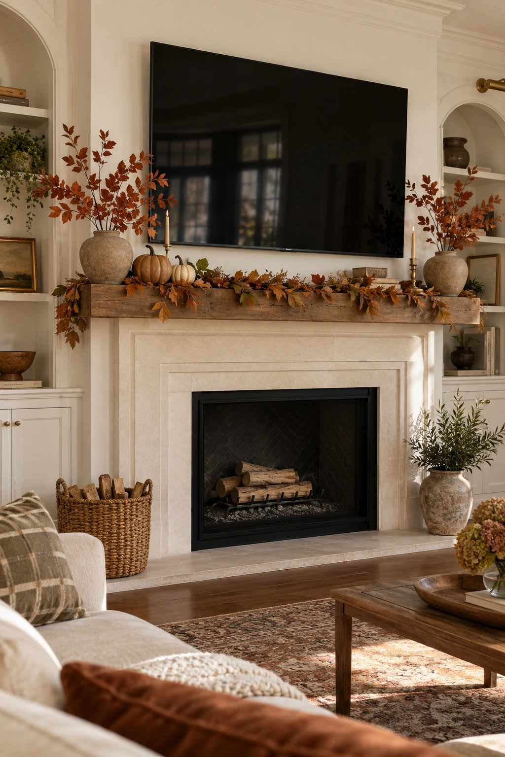 TV mantel with three low pottery vessels, wheat, leaves, and uncluttered viewing area