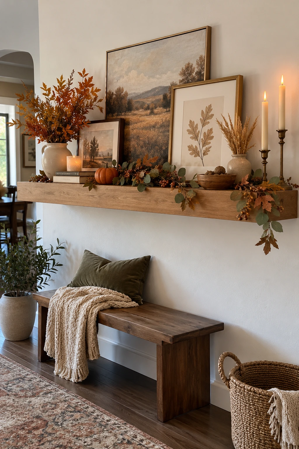 Floating shelf faux mantel with autumn branches, pumpkins, framed art, and flameless tapers