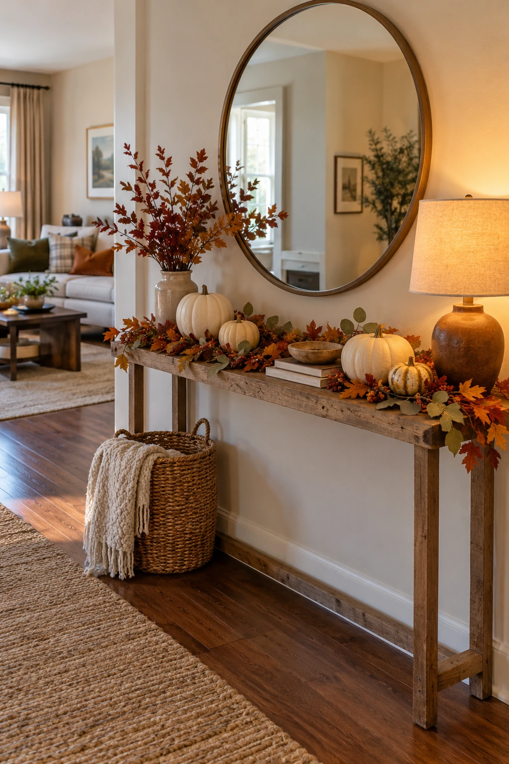 Console table styled as a Thanksgiving faux mantel with art, pumpkins, and branches