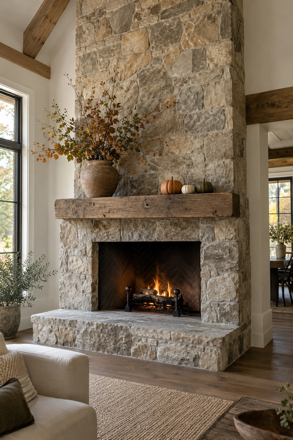 Large stone fireplace with a sparse Thanksgiving mantel of pottery, branches, and pumpkins
