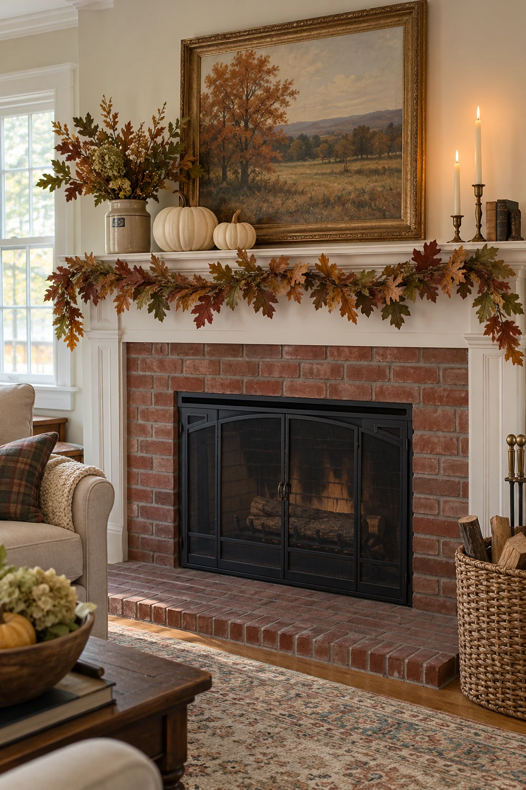 Red brick fireplace with oak-leaf garland, brass accents, and pumpkins