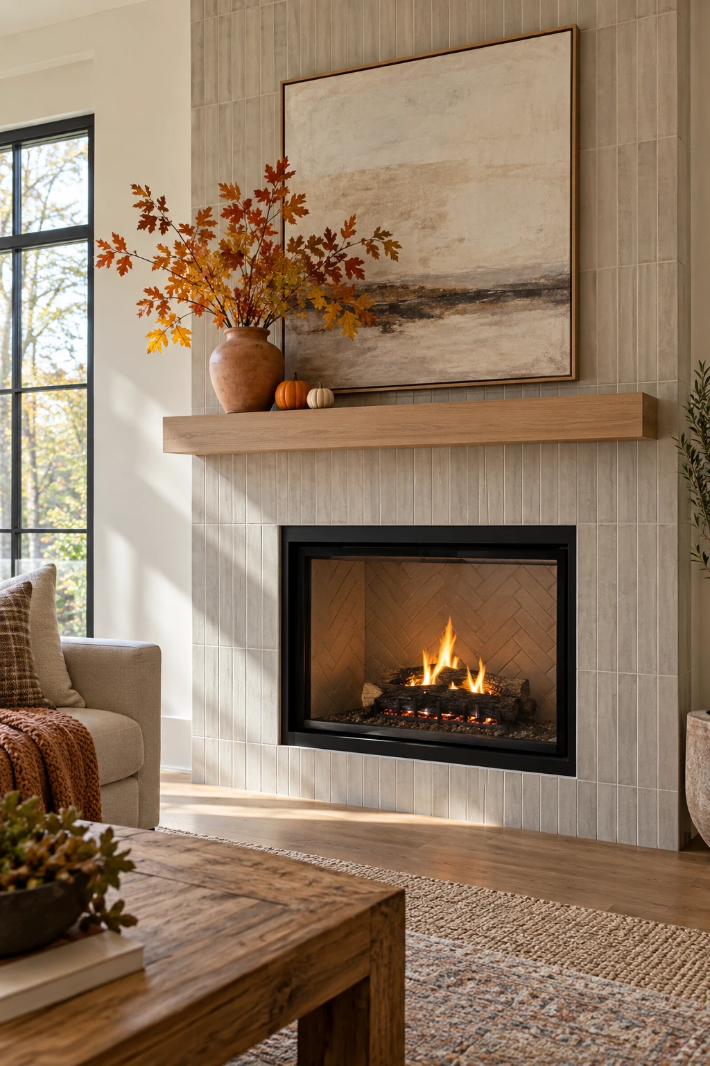 Tiled fireplace with sculptural pottery, branches, and restrained Thanksgiving decor