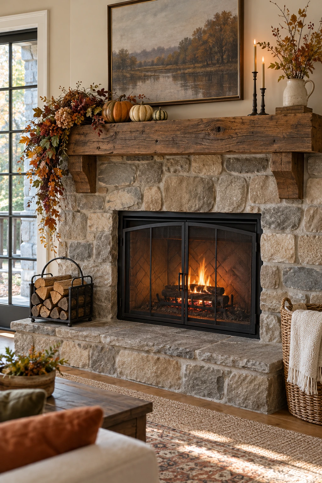 Rustic wood beam mantel with loose foliage, pumpkins, crockery, and woven texture