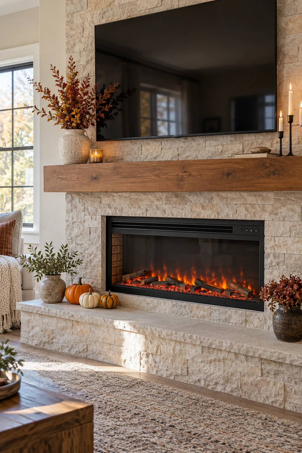 Electric fireplace mantel with low Thanksgiving decor and completely clear heat vents