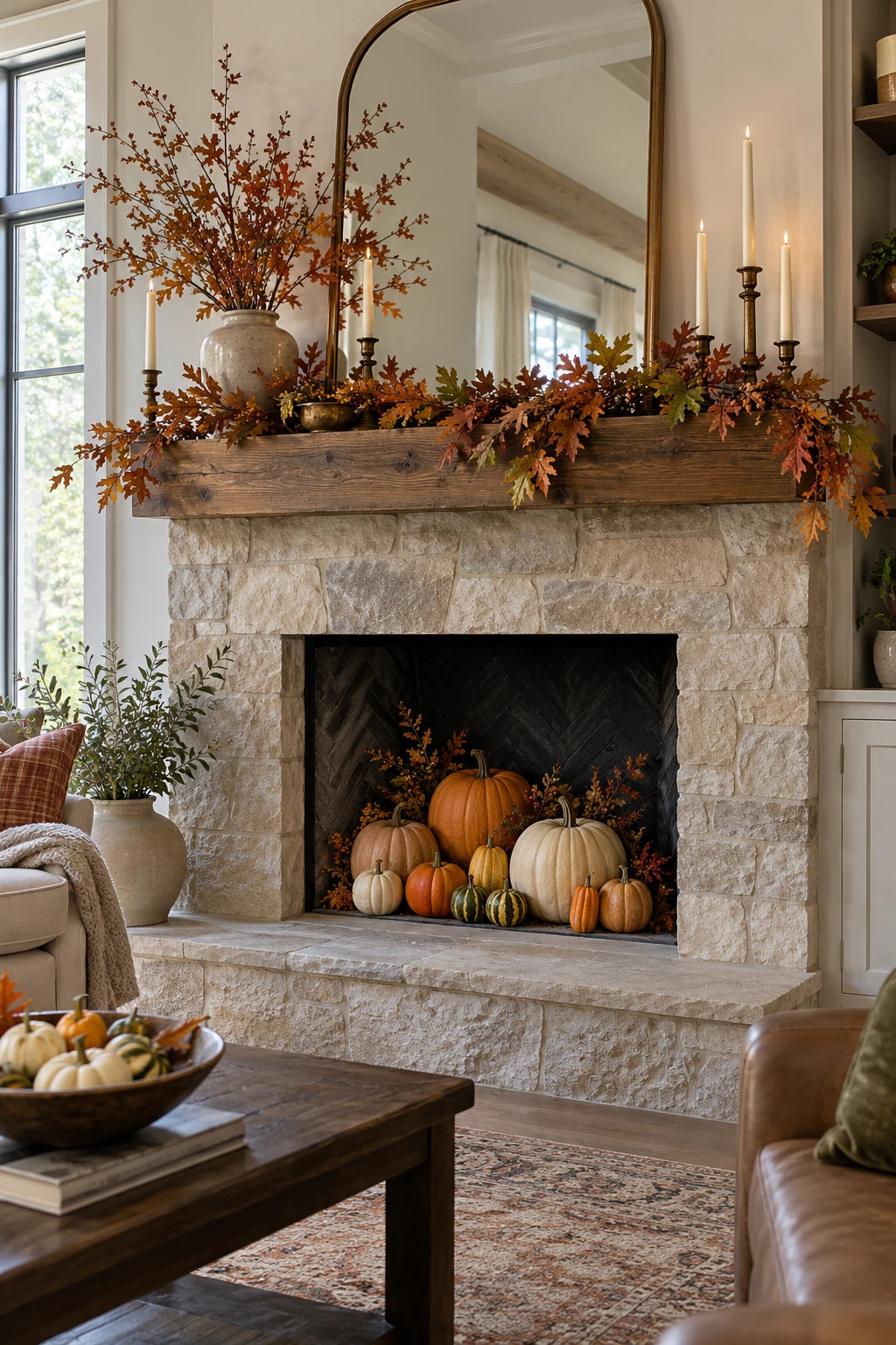 Non-working fireplace filled with pumpkins beneath a Thanksgiving mantel