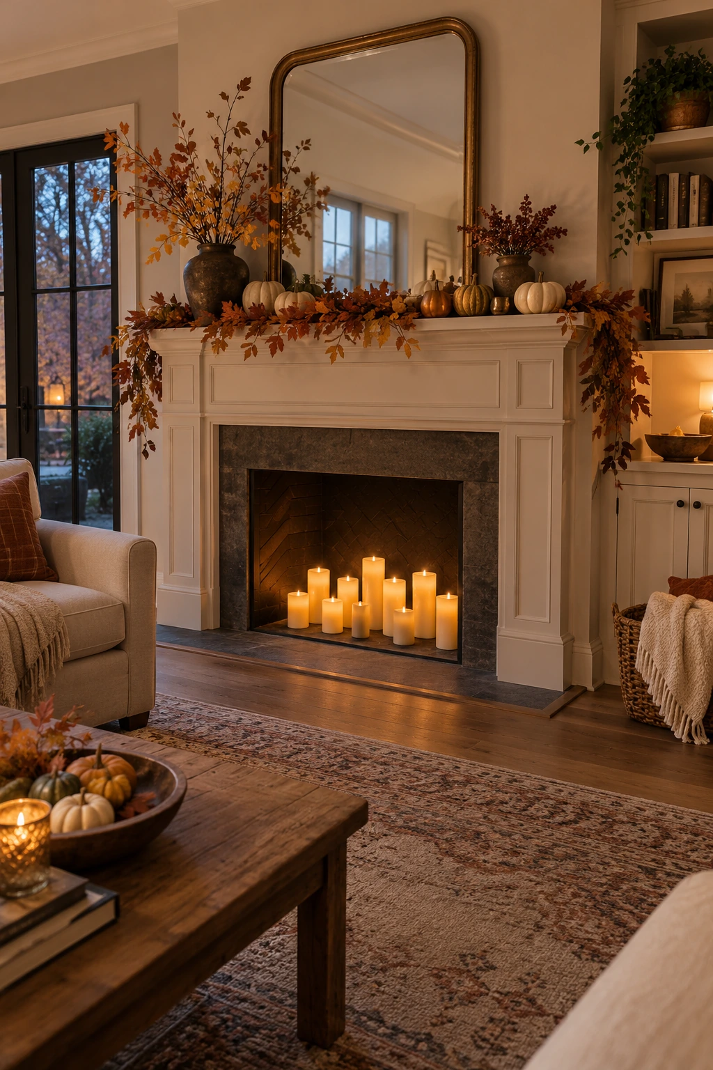Non-working fireplace filled with realistic flameless pillar candles and autumn foliage