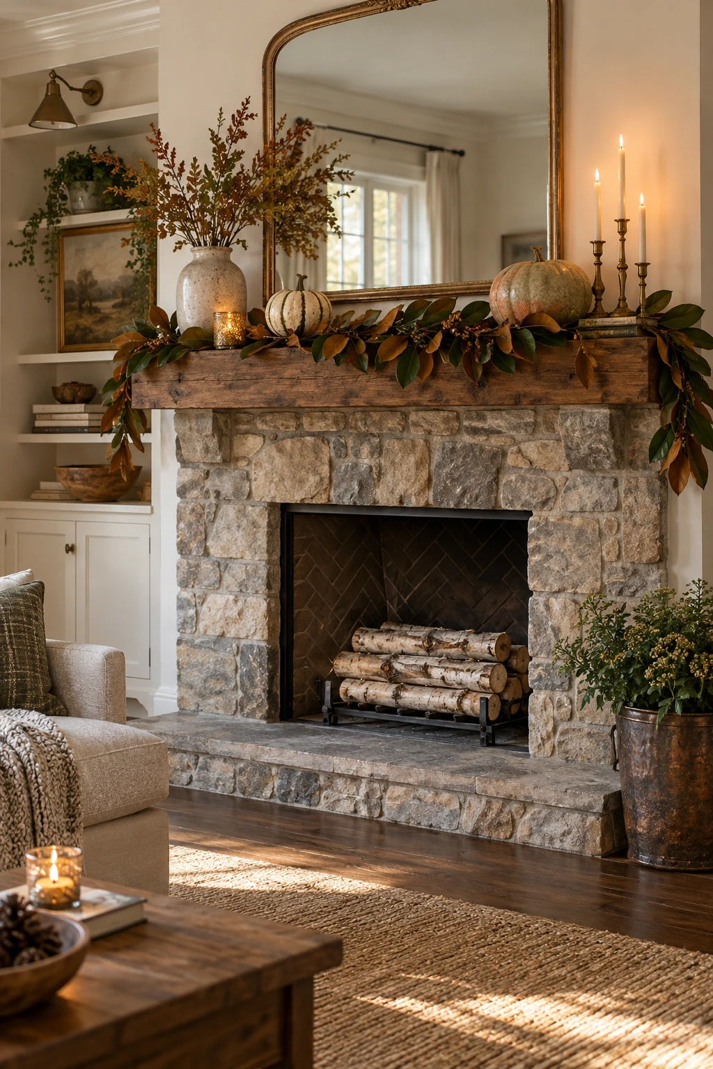 Cold non-working fireplace with neatly stacked birch logs and a simple Thanksgiving mantel