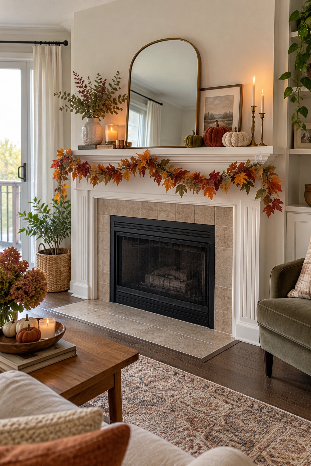 Renter-friendly Thanksgiving mantel with removable garland hooks, leaves, and pumpkins