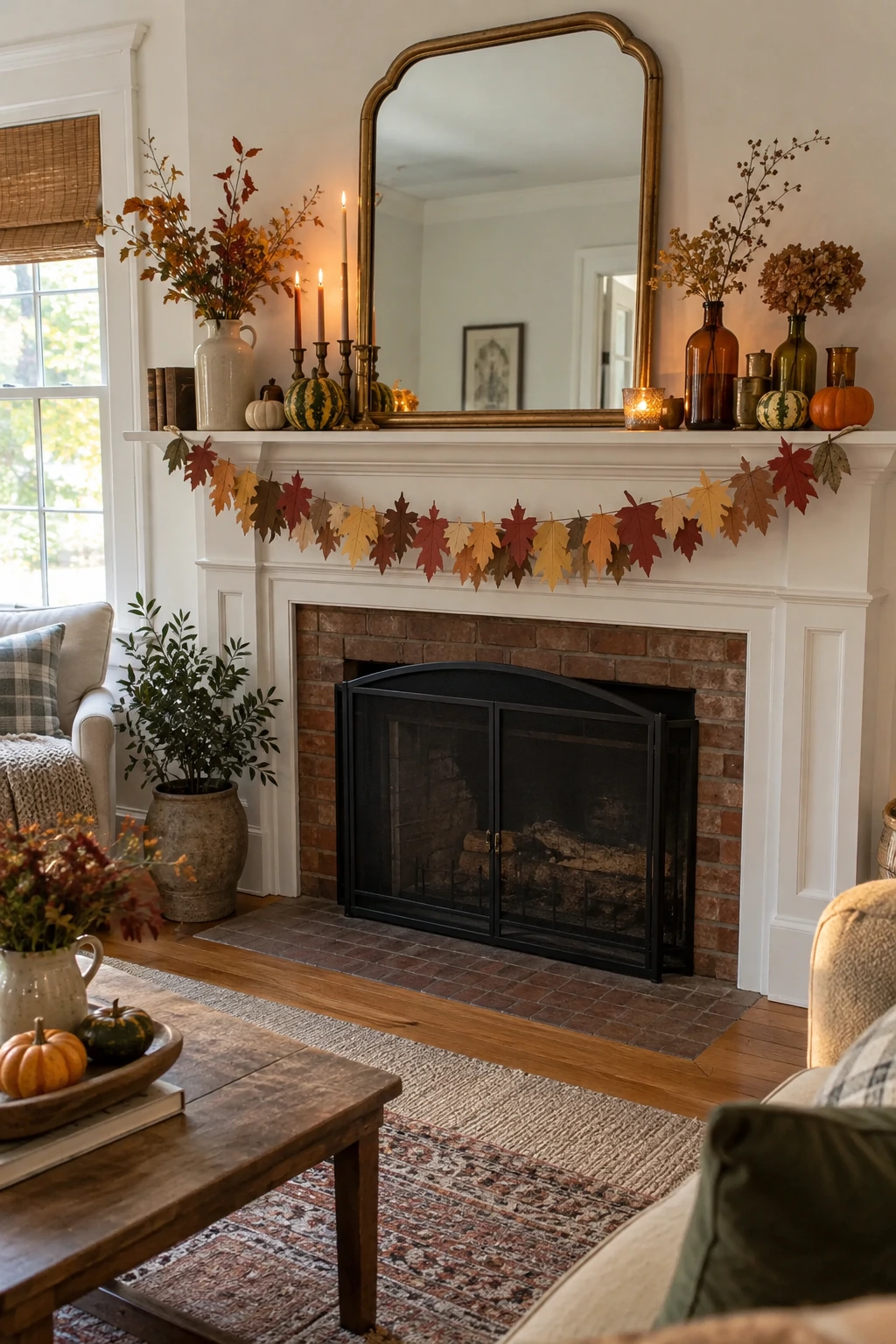 Budget Thanksgiving mantel with handmade paper leaves, pumpkins, and simple pottery