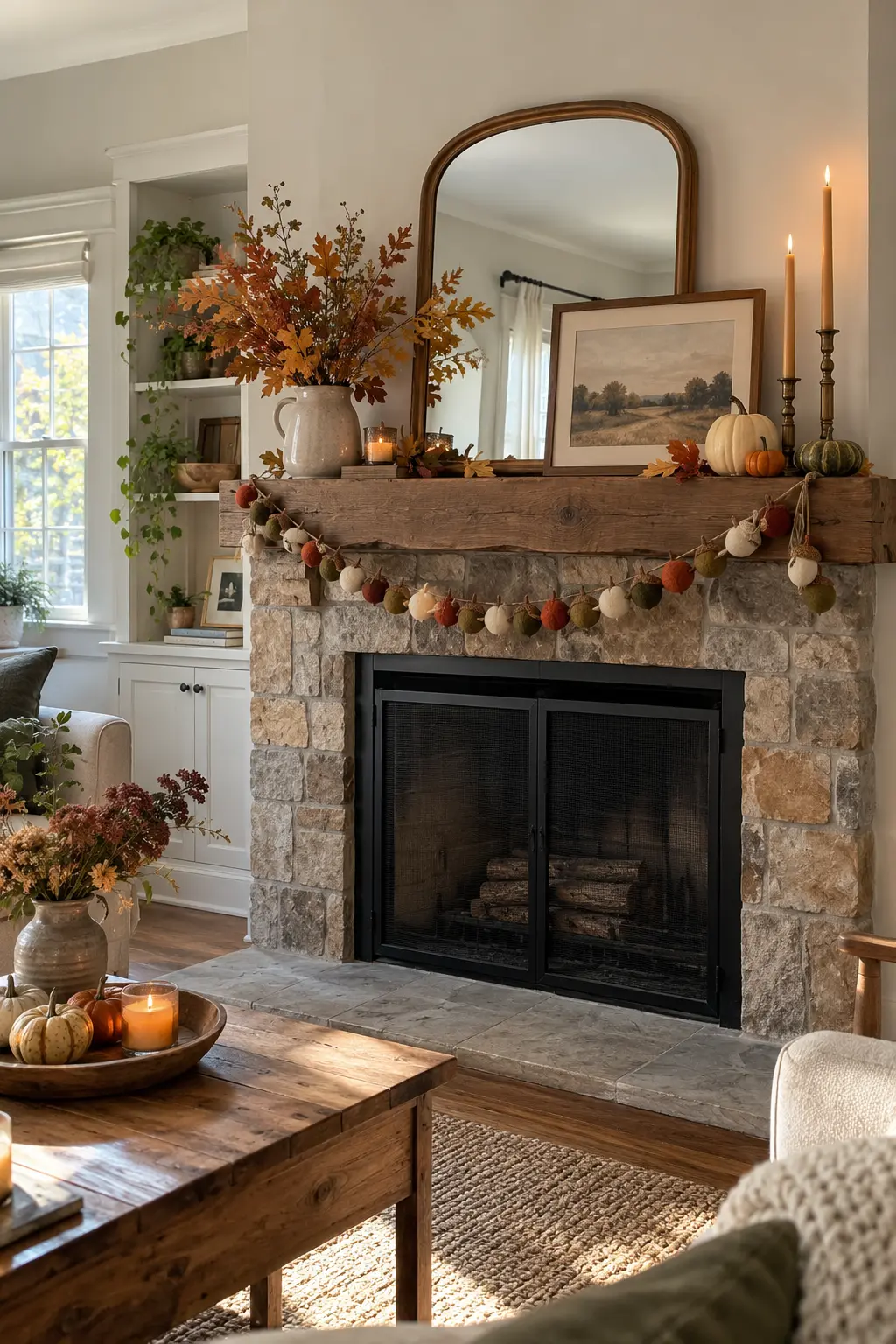Cozy Thanksgiving mantel with handmade felt acorn garland, pottery, and pumpkins