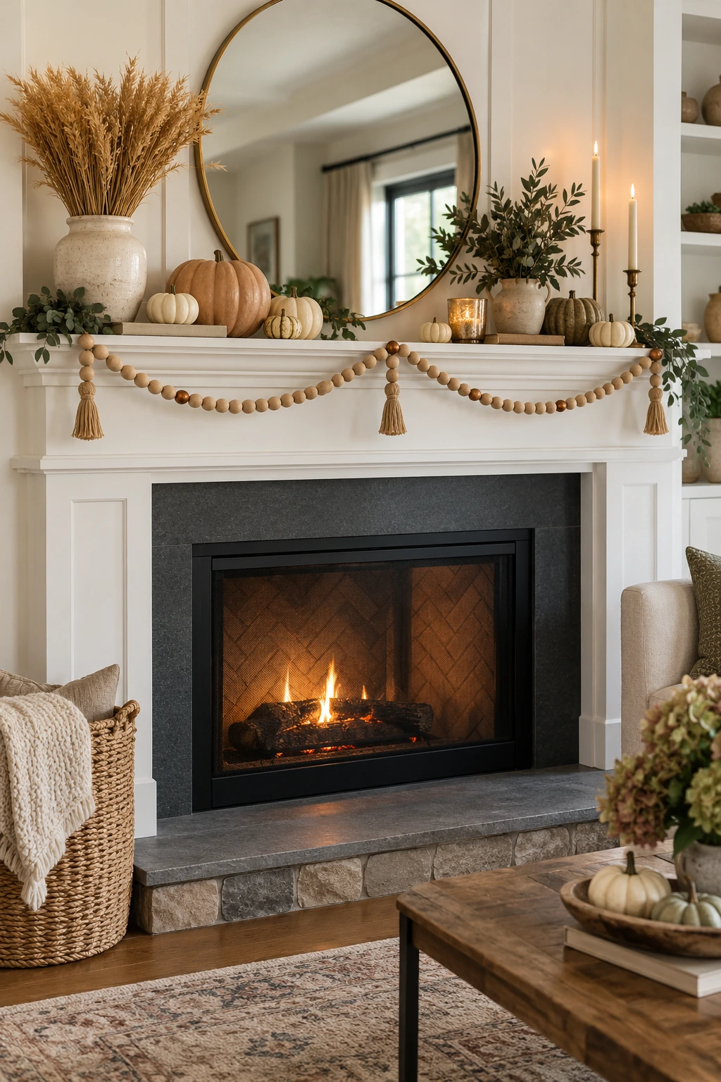 Thanksgiving mantel with natural wood-bead garland, cream pumpkins, and leafy branches