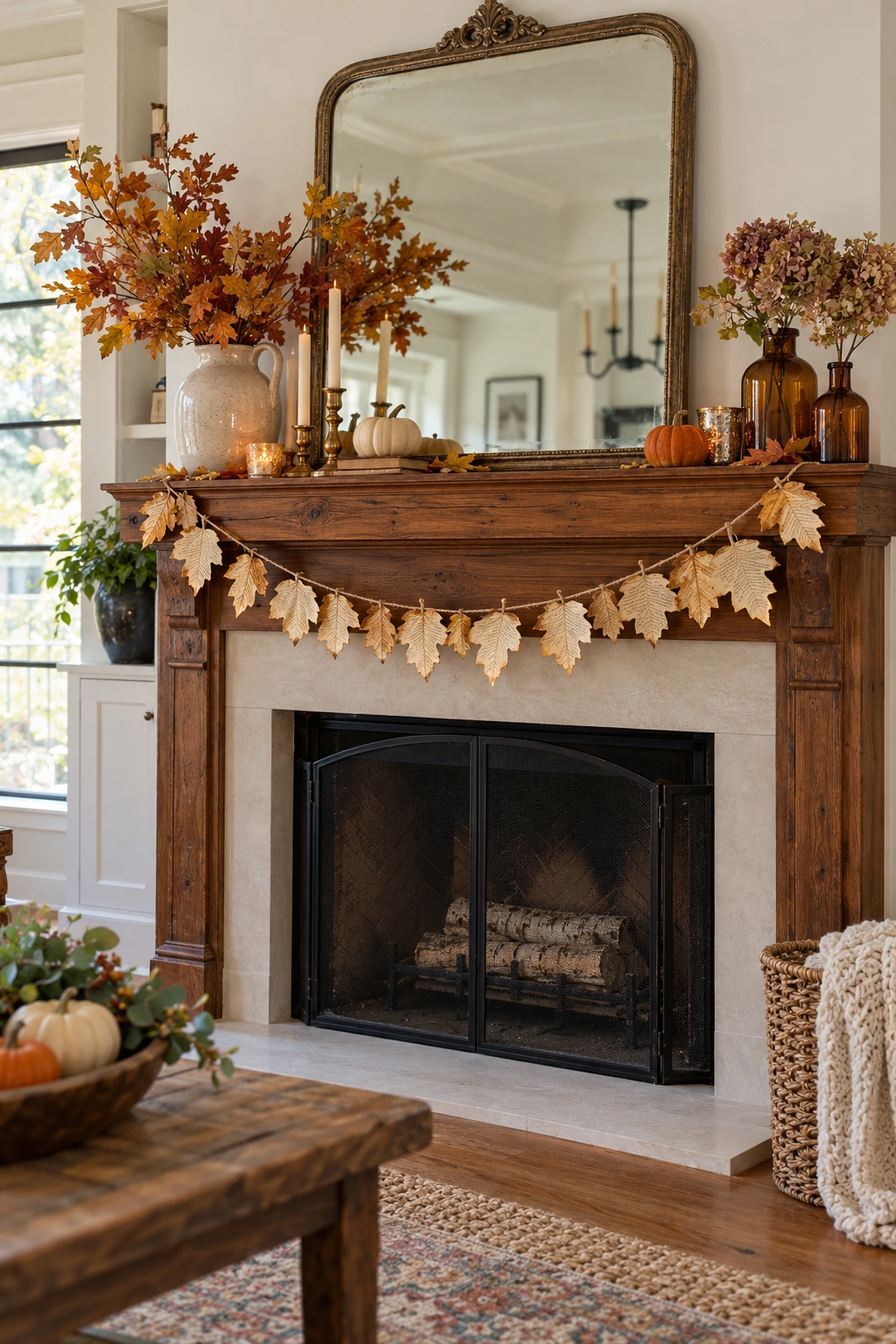 Vintage-style Thanksgiving mantel with folded book-page leaves and brass accents