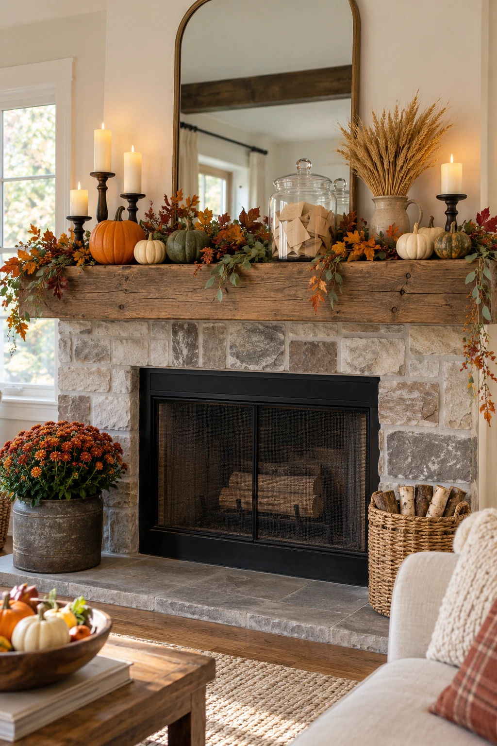 Thanksgiving mantel with a gratitude jar, blank cards, branches, and small pumpkins