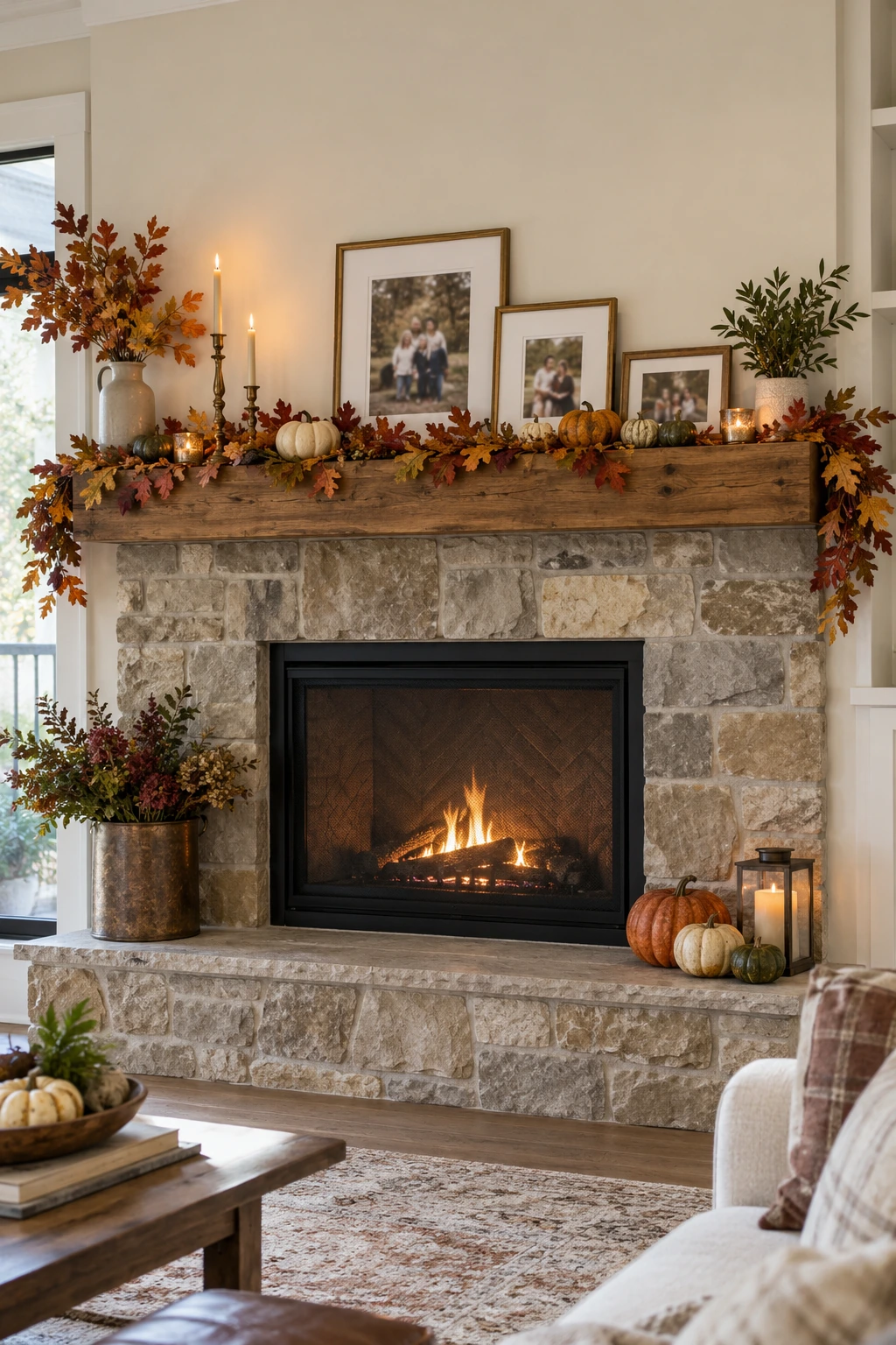Thanksgiving mantel with family photos, autumn branches, pumpkins, and brass frames