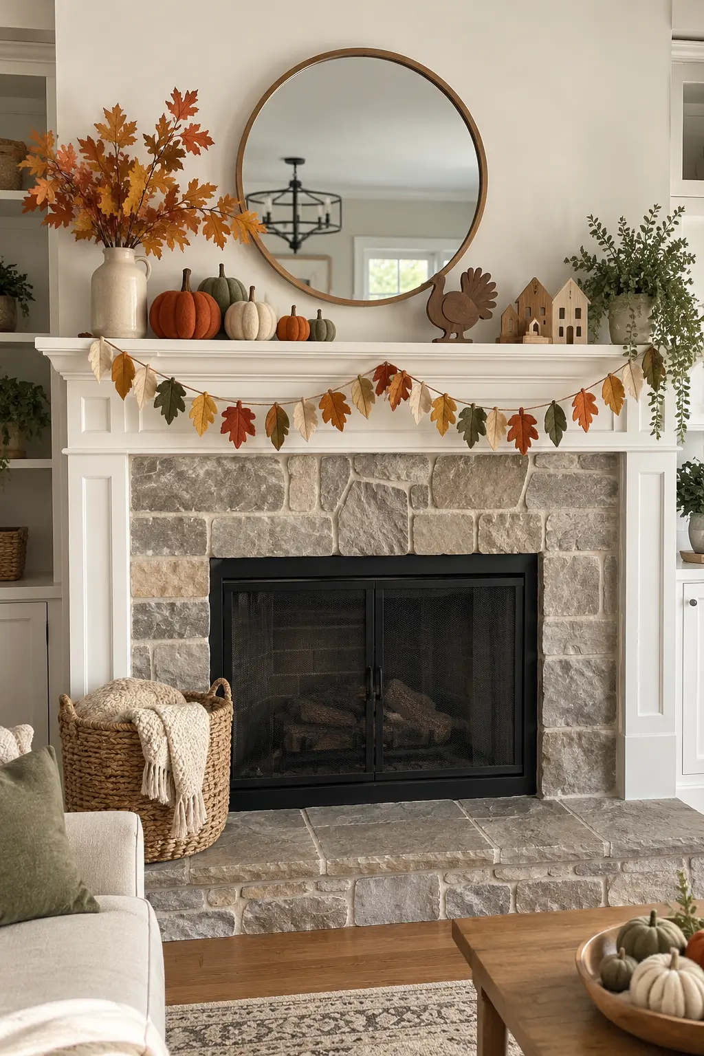 Child-friendly Thanksgiving mantel with felt pumpkins, soft garland, and anchored decor
