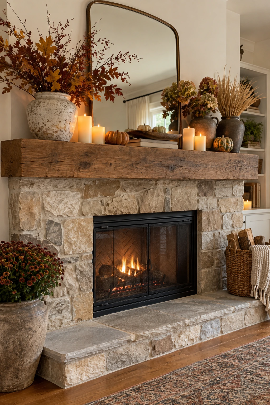Pet-conscious Thanksgiving mantel with anchored pottery, pumpkins, and clipped branches