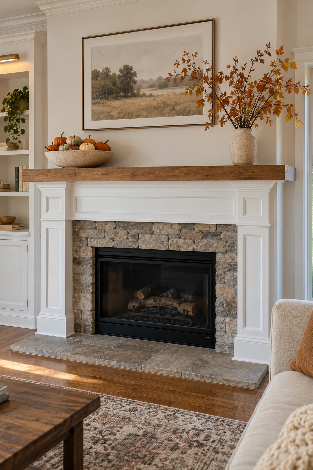 Minimal Thanksgiving mantel beside a high-traffic walkway with secure low decor