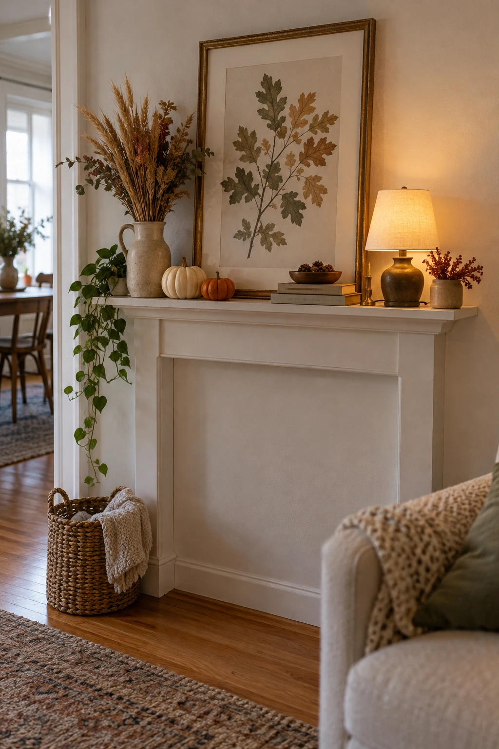 Small apartment wall shelf styled with compact Thanksgiving decor