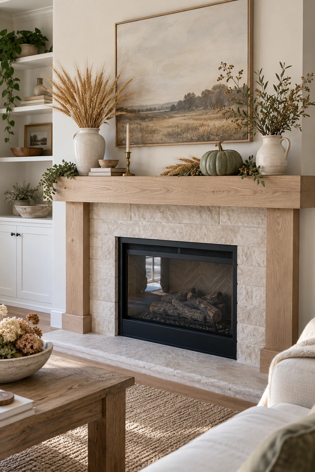 Scandinavian Thanksgiving mantel with wheat, pale wood, cream pottery, and restrained pumpkins