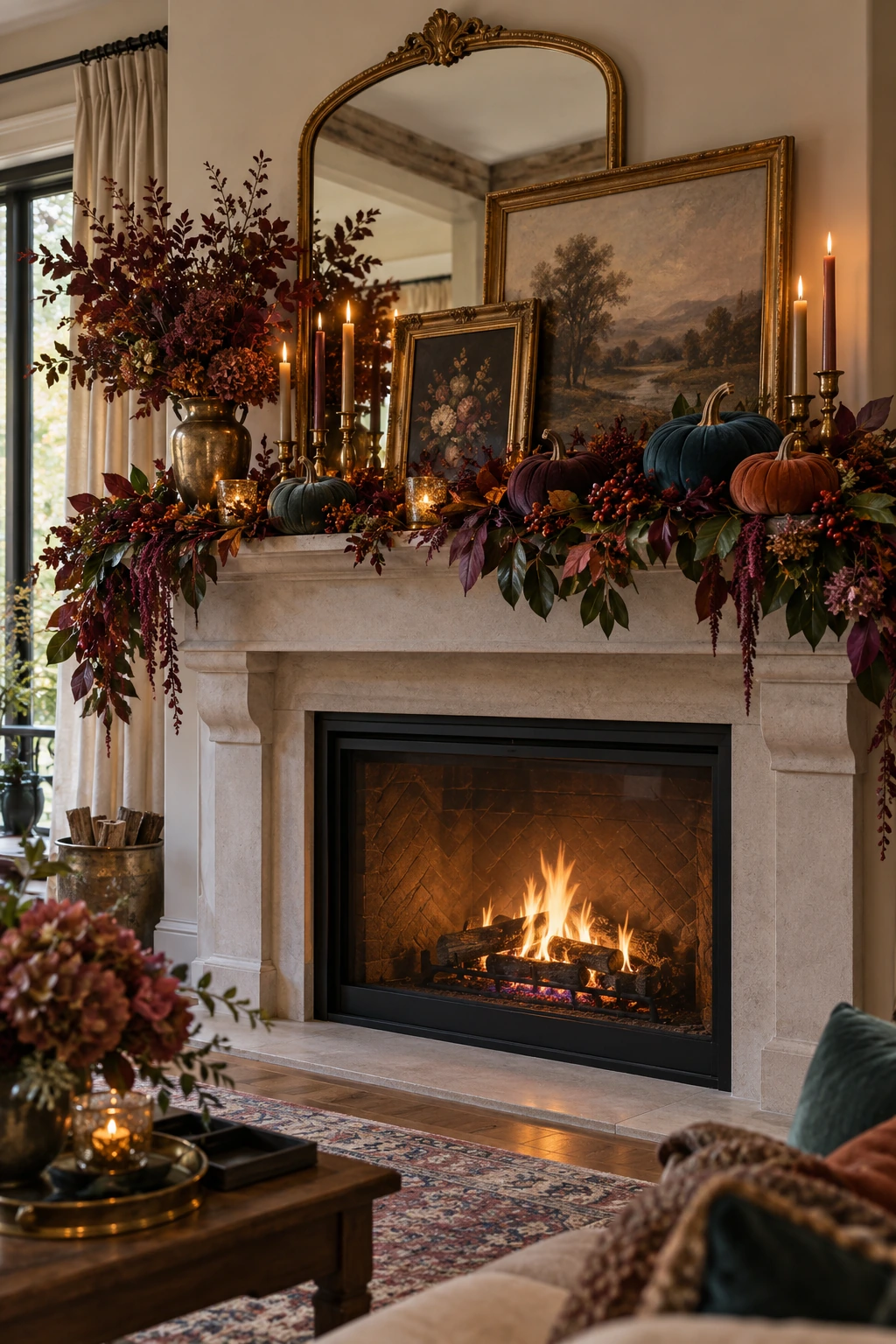 Maximalist Thanksgiving mantel with jewel-tone foliage, fruit, art, and brass