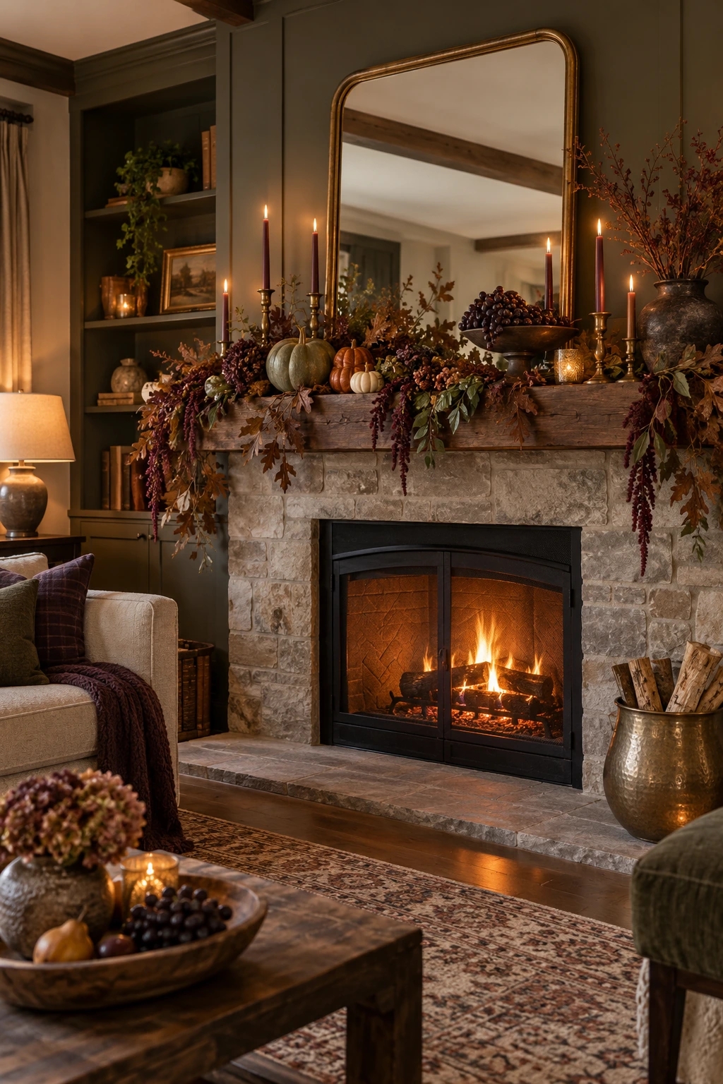 Moody Thanksgiving mantel with plum foliage, olive pumpkins, dark art, and brass