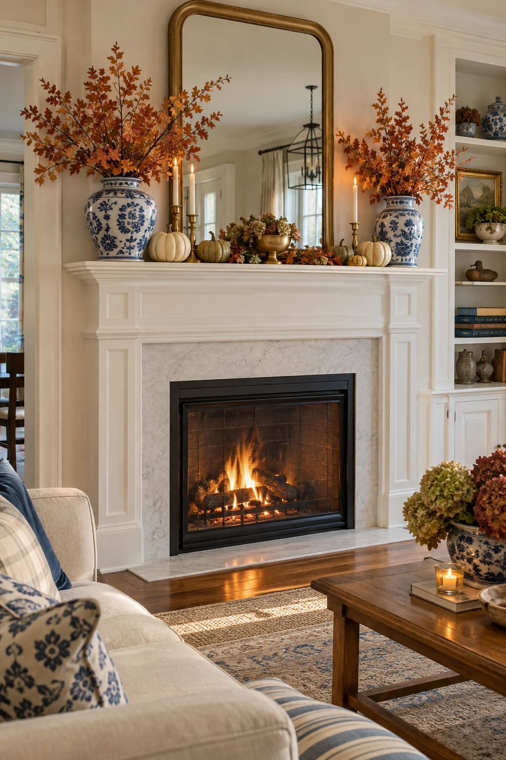 Blue and white Thanksgiving mantel with copper leaves, pumpkins, and ceramic vases