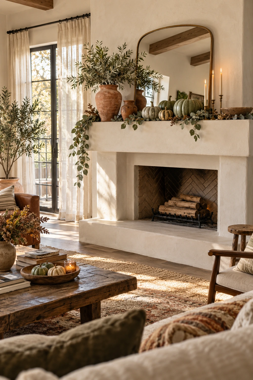 Thanksgiving mantel with sage leaves, terracotta pottery, cream pumpkins, and wood art